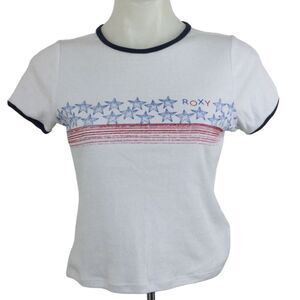Roxy Americana Stars and Stripes Short Sleeve T-Shirt Top Bright White XS NWT